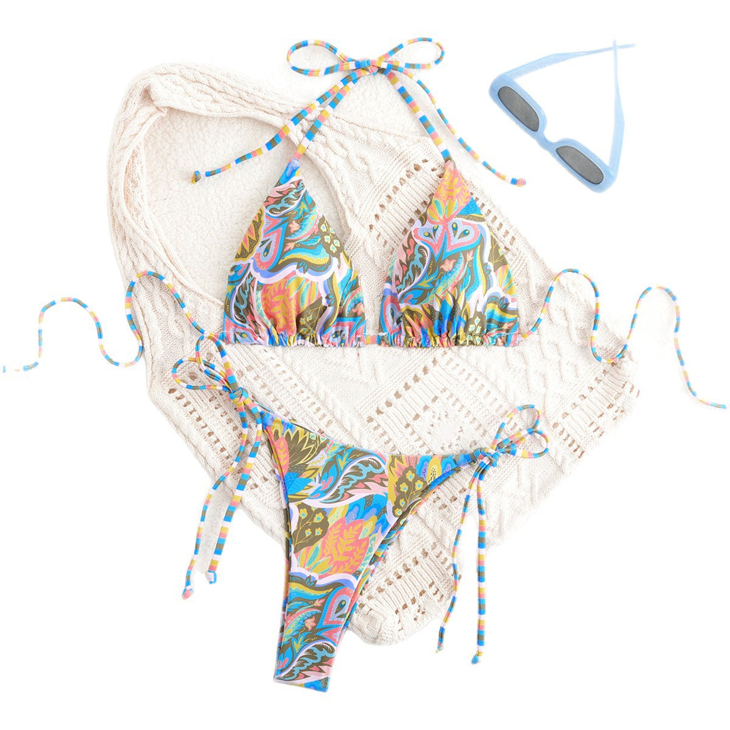 Printed camisole high waisted three-point travel swimsuit