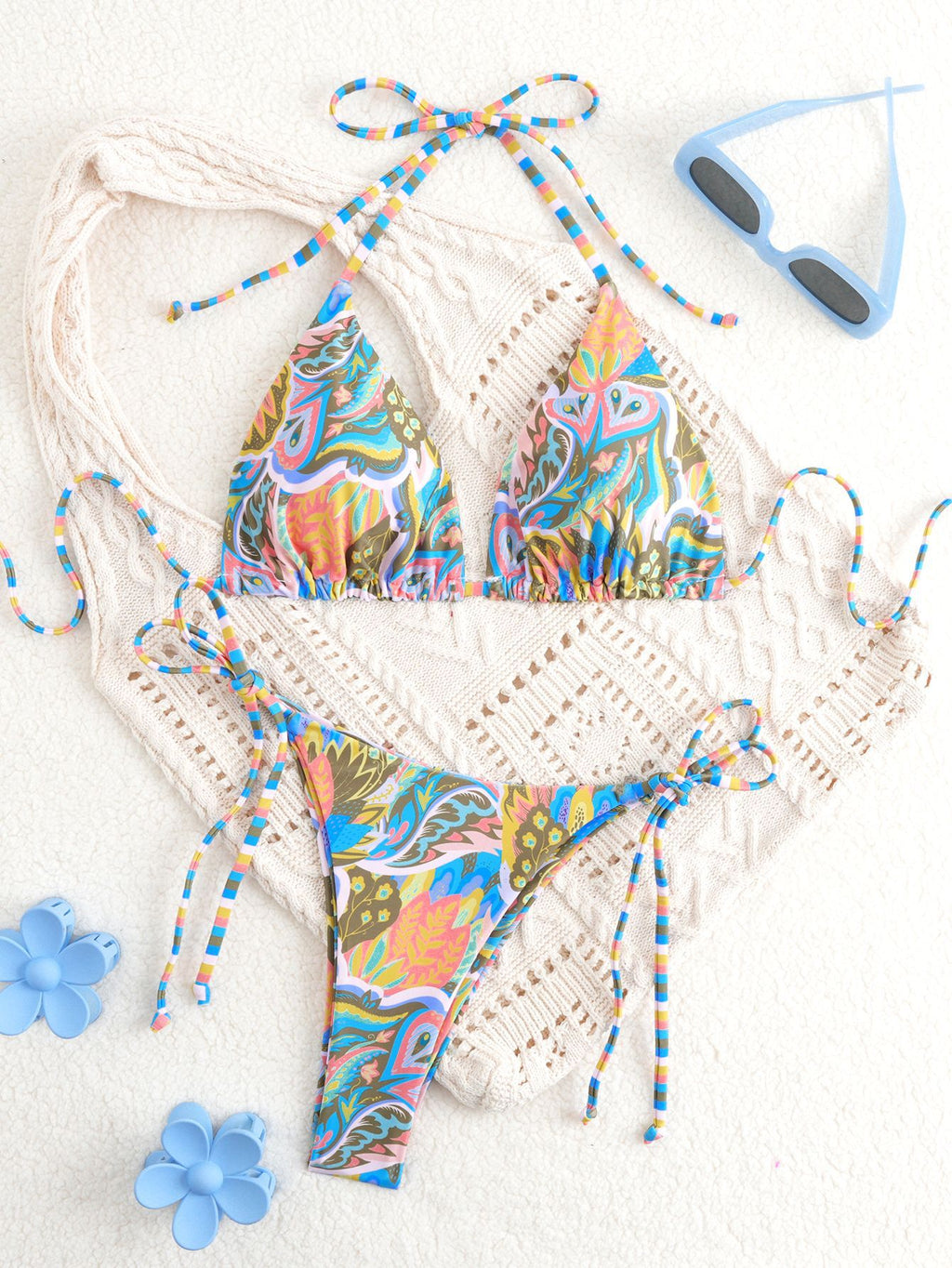 Printed camisole high waisted three-point travel swimsuit