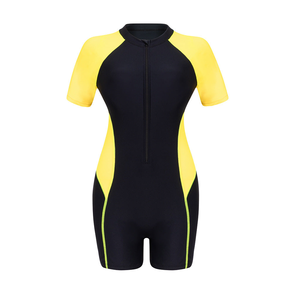 Short Sleeve One-piece Swimsuit with Zipper and Brief Bottoms for WomenStyle Swimwear for Surfing and Diving